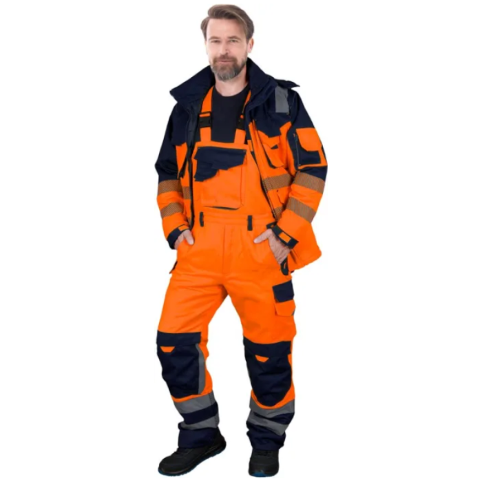 SPODNIE ROBOCZE LEBER-HOLLMAN LH-BIBWINTER OGRODNICZKI OCIEPLANE OSTRZEGAWCZE POMARAŃCZOWO-GRANATOWE