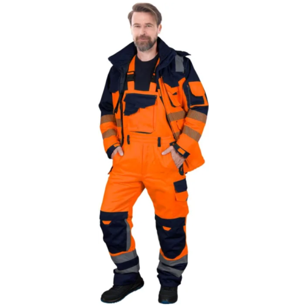 SPODNIE ROBOCZE LEBER-HOLLMAN LH-BIBWINTER OGRODNICZKI OCIEPLANE OSTRZEGAWCZE POMARAŃCZOWO-GRANATOWE