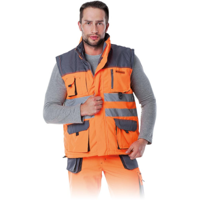 BEZRĘKAWNIK ROBOCZY LEBER-HOLLMAN LH-FMNX-V OCIEPLANY OSTRZEGAWCZY POMARAŃCZOWO-STALOWO-CZARNY