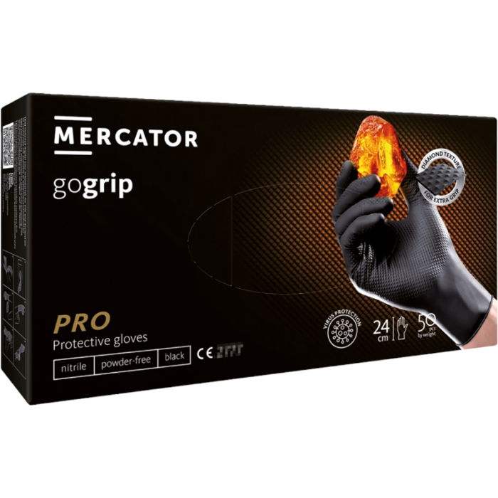 RĘKAWICE ROBOCZE MERCATOR MEDICAL RMM-PGRIPGO ODPORNE NA CHEMIKALIA BEZPUDROWE NITRYLOWE OP. 50 SZT. CZARNE