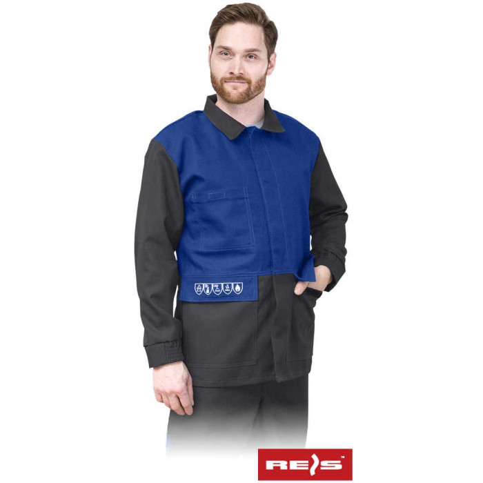 BLUZA ROBOCZA REIS BUCKLER-J TRUDNOPALNA ANTYELEKTROSTATYCZNA DLA SPAWACZA SZARO-NIEBIESKA